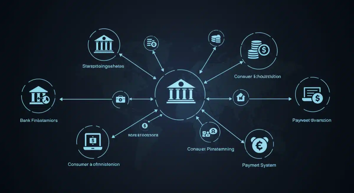 Diagrama de ecossistema Open Finance interconectado, mostrando fluxo de dados entre bancos e fintechs.