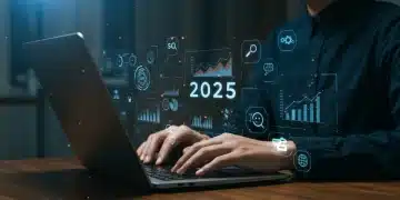 Pessoa analisando métricas de SEO em um laptop, com gráficos de crescimento e ícones de ferramentas digitais, simbolizando a otimização e o sucesso online.