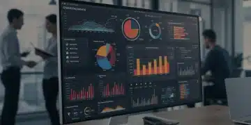 Painel de controle com gráficos e indicadores de desempenho para análise de dados e otimização de campanhas digitais.