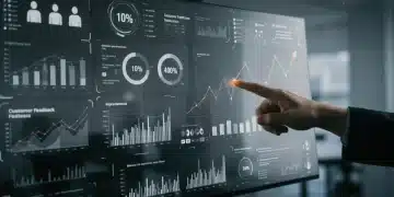 Painel futurista de análise de Voz do Cliente (VoC) com gráficos e dados de satisfação, mostrando uma melhoria de 10%.