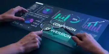 Painel digital moderno exibindo métricas de otimização de conversão com gráficos e setas de crescimento.