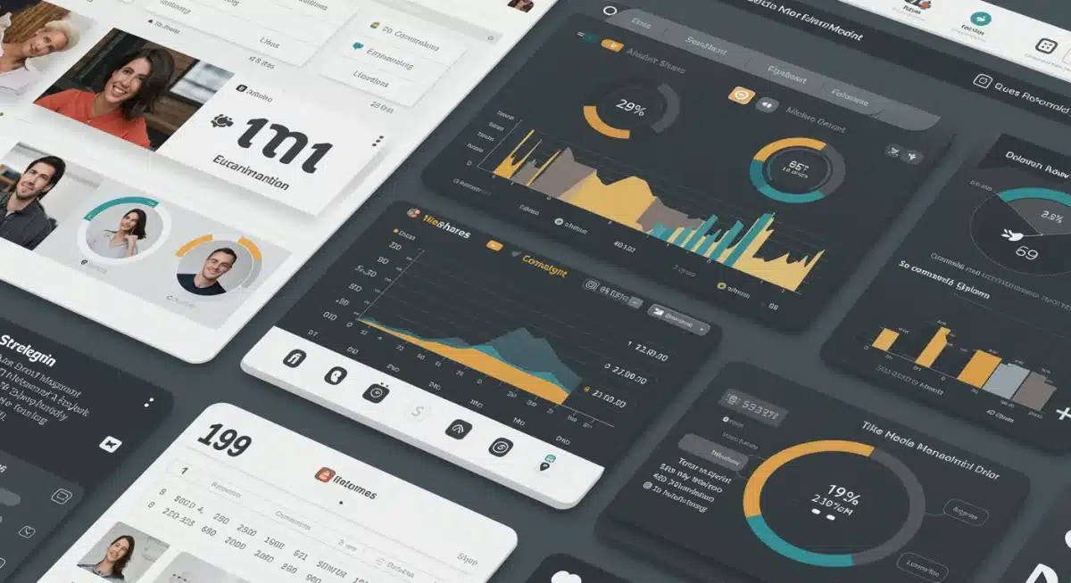 Painel de controle de uma ferramenta de gestão de redes sociais exibindo métricas de engajamento, agendamento de posts e análises de desempenho.