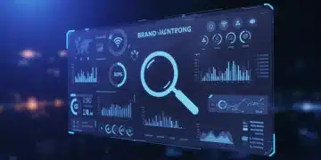 Painel digital futurista com métricas de monitoramento de marca, gráficos e ícones de redes sociais, simbolizando proteção da reputação digital.