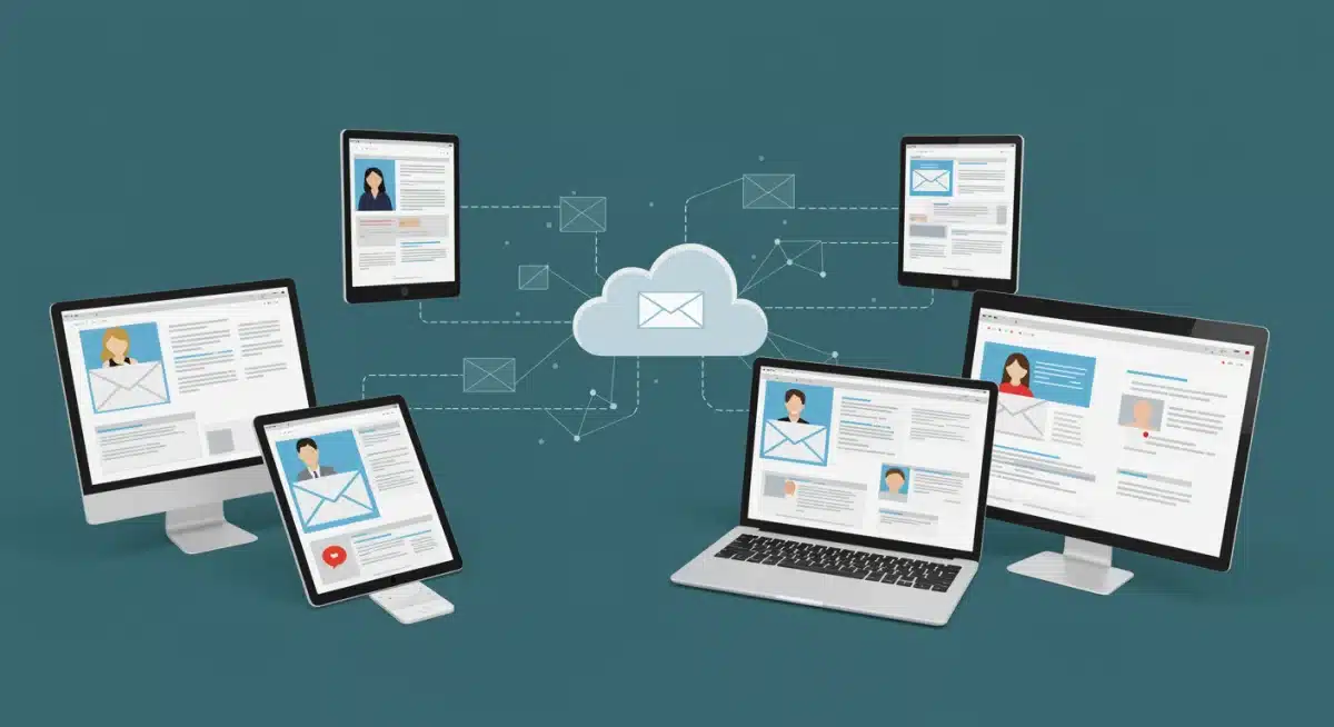 Dispositivos digitais exibindo e-mails personalizados através de segmentação e IA