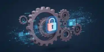 Engrenagens digitais e fluxos de dados com um cadeado, simbolizando a complexidade e segurança das novas políticas de privacidade de dados em marketing digital 2025.