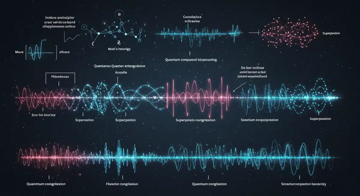 Ilustração de emaranhamento e superposição quântica, conceitos fundamentais da computação quântica.