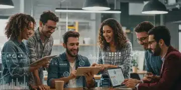 Profissionais de PMEs brasileiras colaborando em ambiente moderno, usando tecnologia para inovar e aumentar a produtividade em 2025.