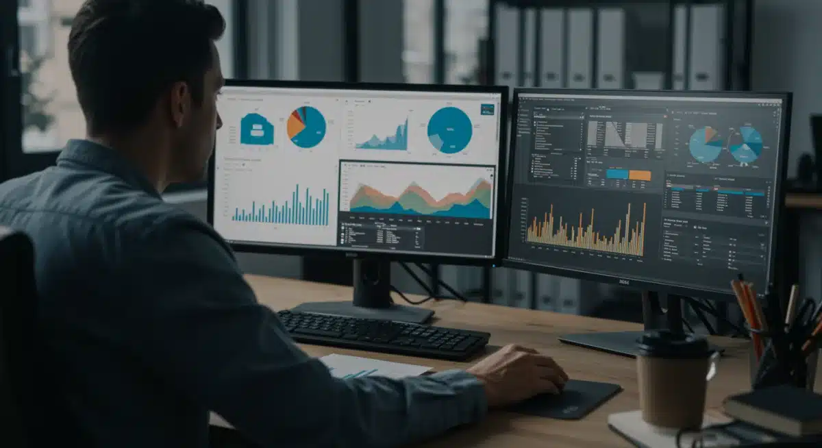 Profissional de marketing analisando dados em múltiplas telas, com gráficos de análise de sentimentos e feeds de redes sociais, representando a gestão de reputação digital.