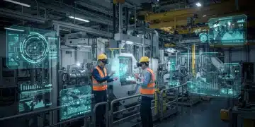 Interface futurista de realidade aumentada em ambiente industrial, com elementos virtuais para treinamento e vendas.