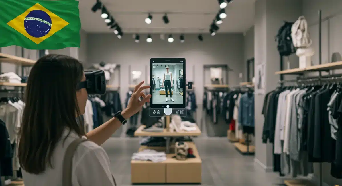 Cliente experimentando roupas virtualmente com realidade aumentada em loja brasileira