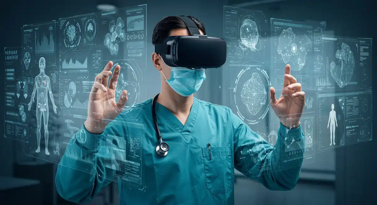 Médico utilizando óculos de realidade virtual para treinamento cirúrgico, simbolizando a imersão tecnológica na medicina