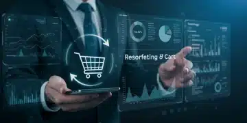 Carrinho de compras digital com seta de retorno, simbolizando a recuperação de carrinhos abandonados através de remarketing e retargeting em 2025.