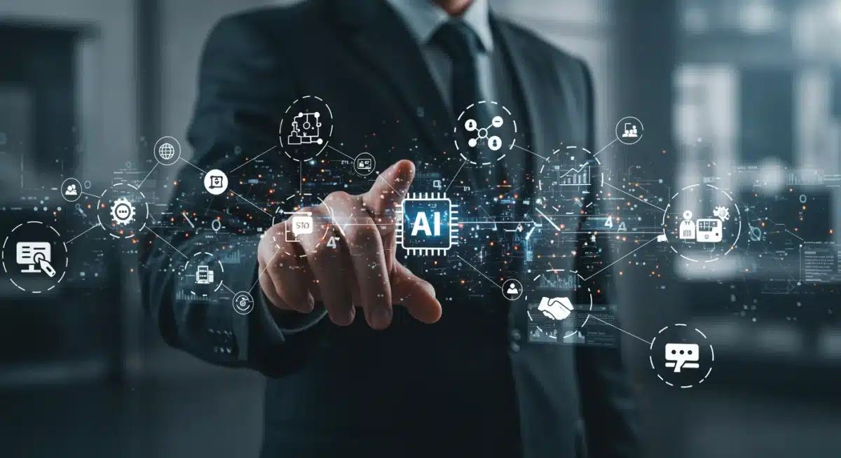 Uma rede complexa de processos digitais interconectados e algoritmos de IA, demonstrando a hiperautomação em ação.