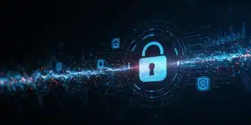 Interface futurista de segurança digital com cadeado e dados fluindo, simbolizando proteção em 2025.