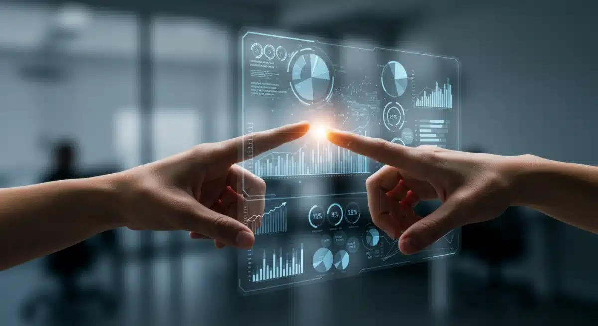 Mão interagindo com interface holográfica exibindo dados de produtividade, simbolizando o uso de tecnologia e análise para otimização de PMEs brasileiras.