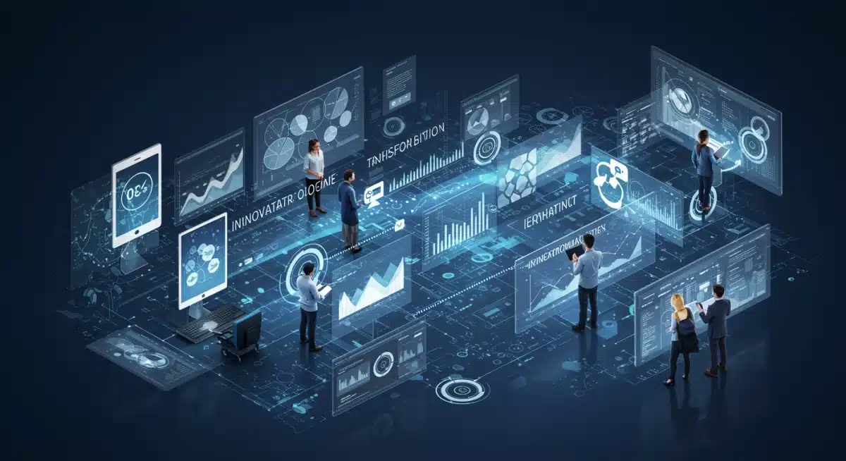 Gráficos e dados digitais representando a transformação digital em empresas