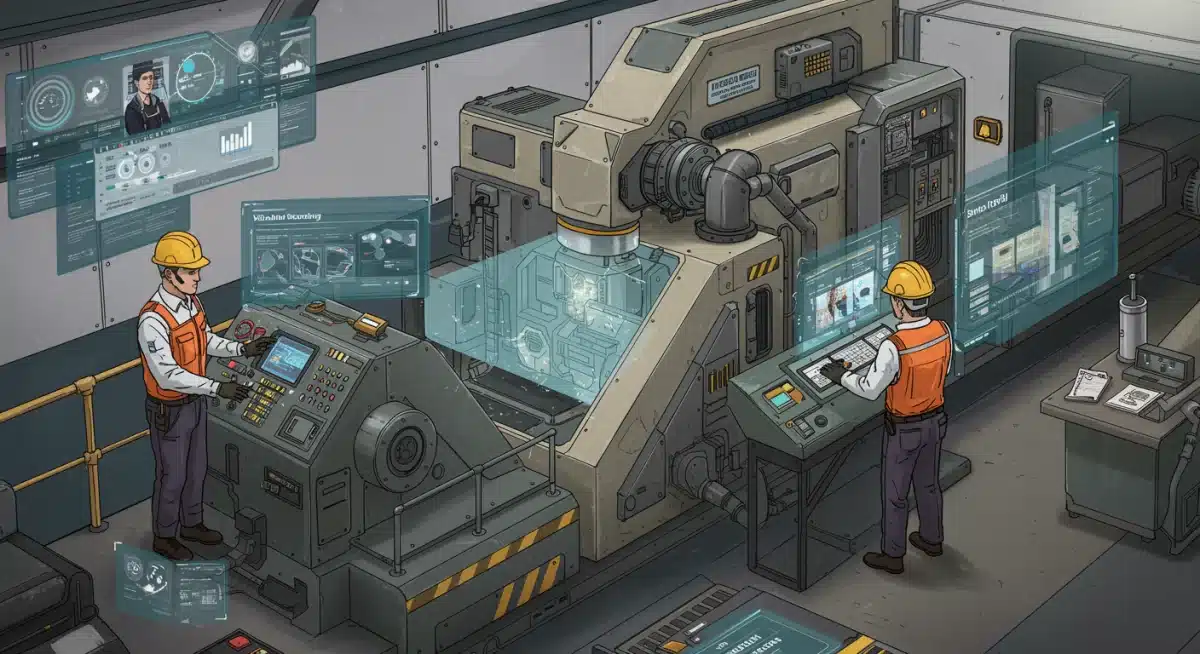 Avatares participam de uma simulação de treinamento virtual detalhada em um ambiente de metaverso corporativo, focando no desenvolvimento de habilidades operacionais e eficiência.