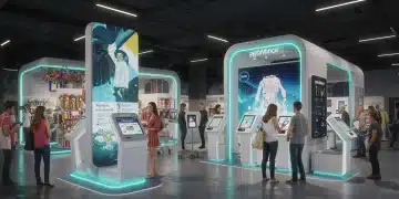 Loja de varejo futurista no Brasil com telas digitais e clientes interagindo com nova tecnologia