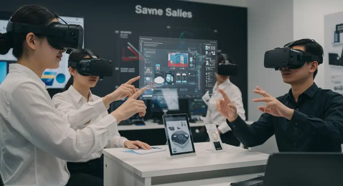 Profissionais de vendas em um showroom virtual usando óculos de realidade virtual para interagir com produtos.