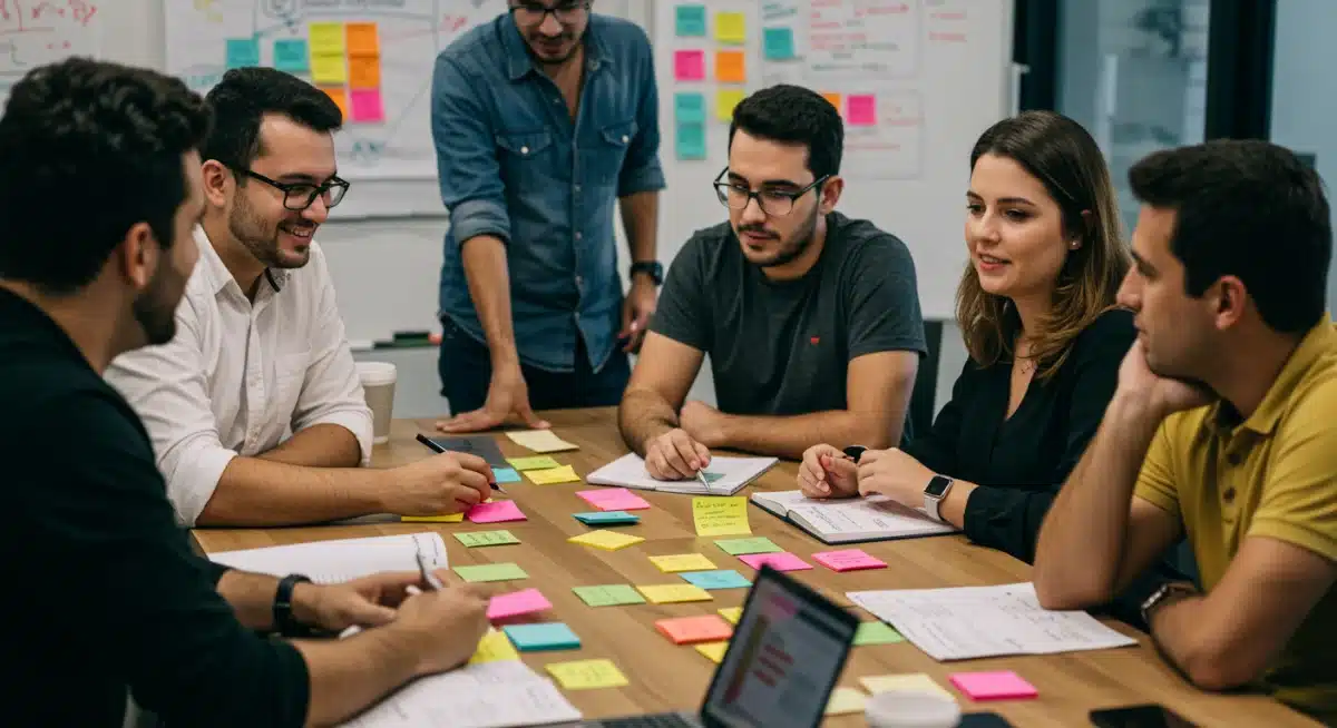 Profissionais brasileiros participando de um workshop de design thinking, utilizando ferramentas colaborativas para gerar novas ideias e soluções inovadoras.