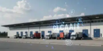 Representação digital de blocos de blockchain interconectados sobre um centro logístico brasileiro com caminhões e armazéns.