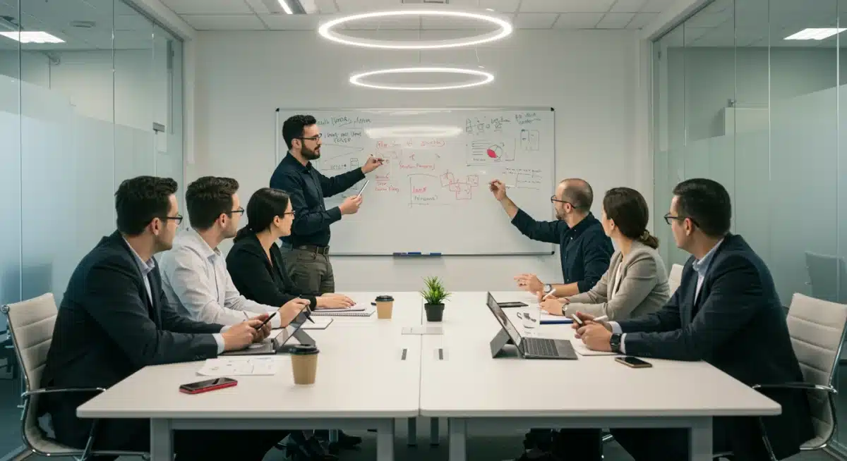 Profissionais de diversas áreas colaborando em uma sessão de brainstorming, compartilhando ideias e utilizando tecnologia para impulsionar a inovação.