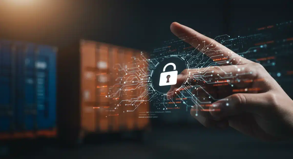 Contrato inteligente sendo executado em tela, com código e ícone de cadeado, sobreposto a um diagrama de cadeia de suprimentos.