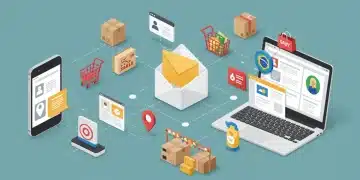 Ícone de e-mail vibrante com elementos de e-commerce e referências brasileiras, simbolizando o sucesso do email marketing no Brasil.