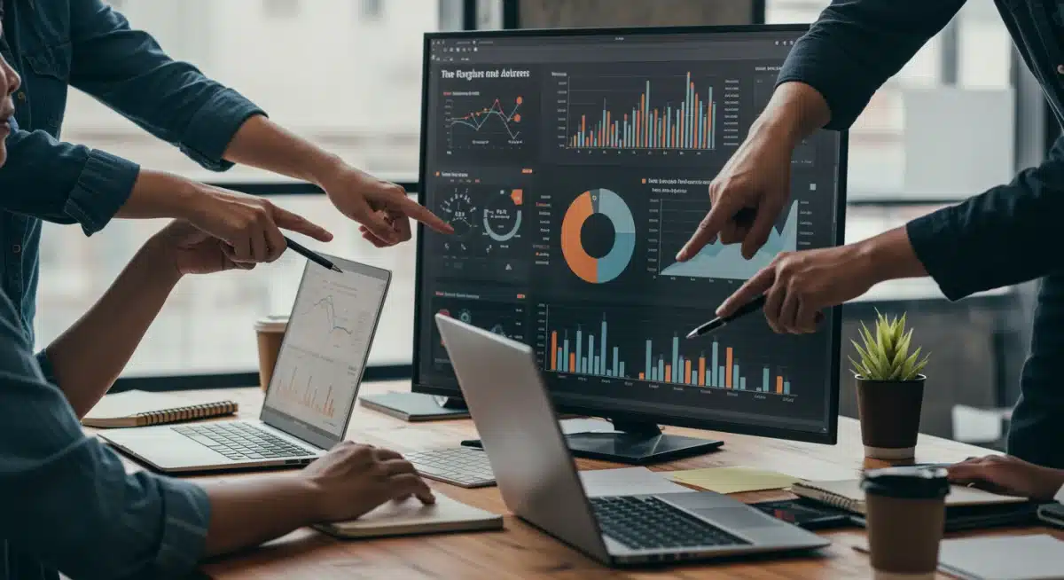 Equipe de marketing analisando dados e métricas de conversão em um painel digital. Colaboração em estratégia digital.