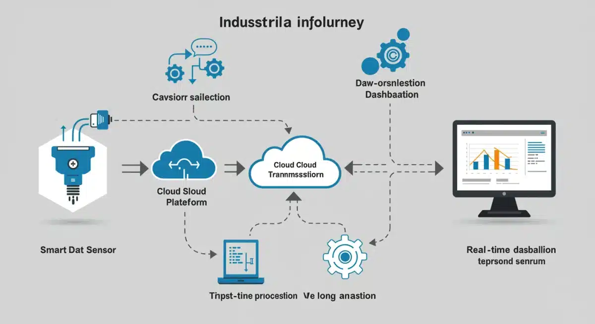 Infográfico detalhando o fluxo de dados de um sensor IIoT até a análise em tempo real, ilustrando a jornada da informação.