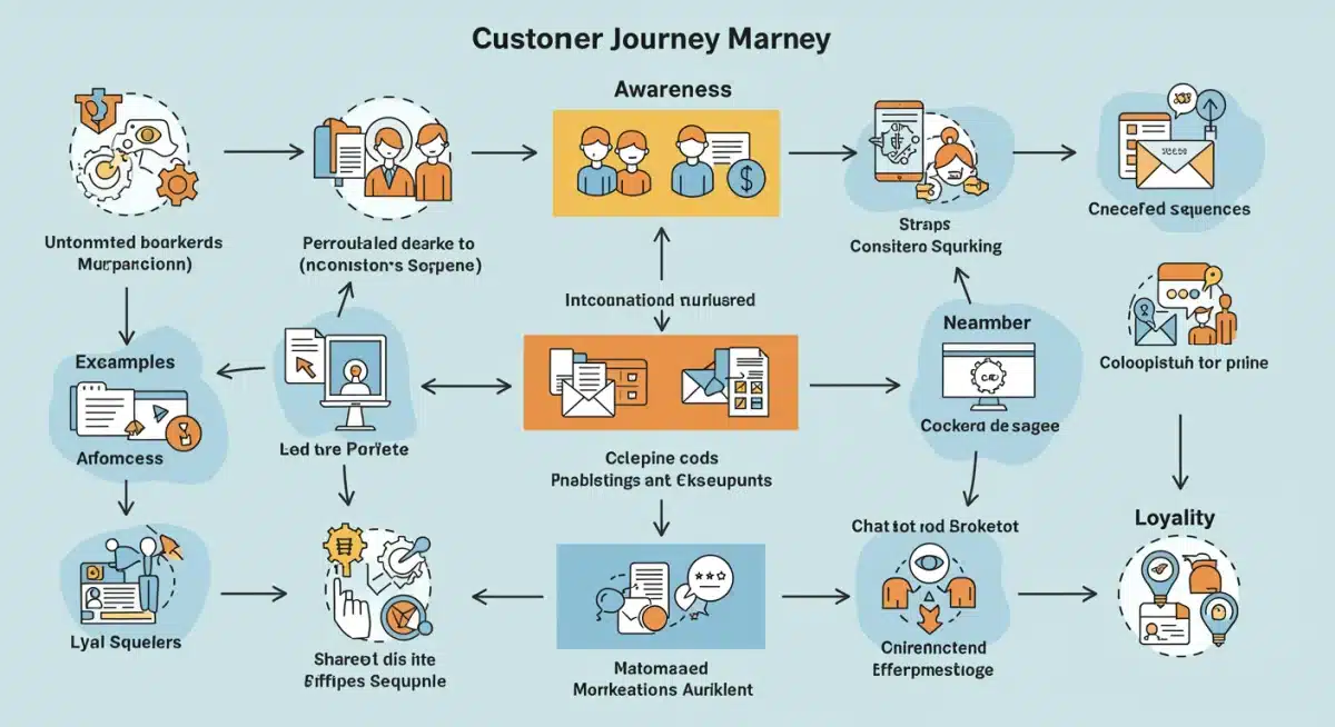 Fluxo de automação de marketing ilustrando a jornada do cliente desde a conscientização até a fidelização