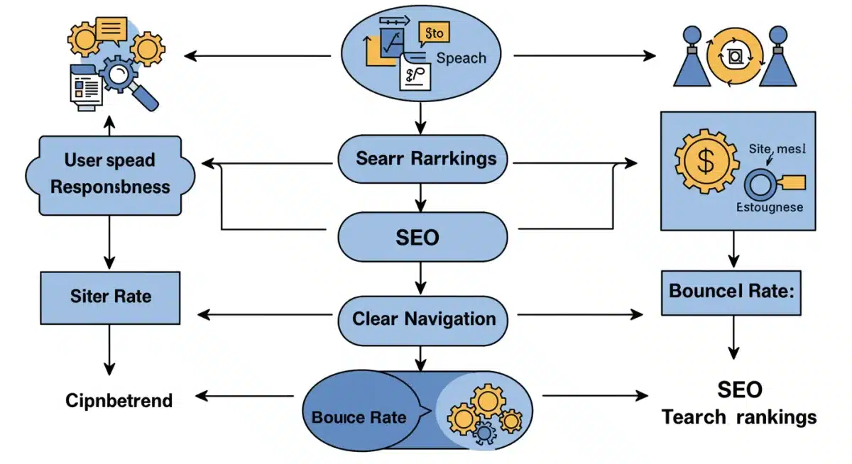 Fluxograma detalhando a relação entre elementos de UX e impacto no SEO e ranqueamento.