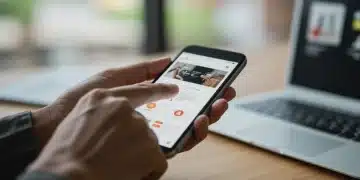 Mão interagindo com smartphone, exibindo interface de usuário otimizada para SEO e UX.