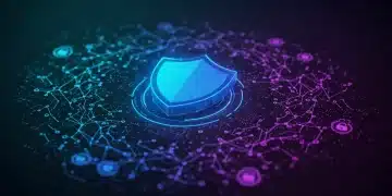 Interface futurística de segurança digital com um escudo, protegendo informações valiosas.