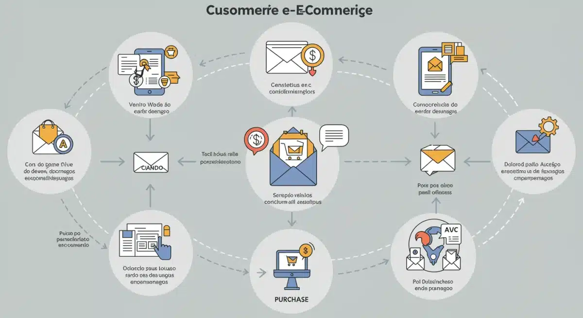 Infográfico detalhado da jornada do cliente no e-commerce, com pontos de contato de email marketing.
