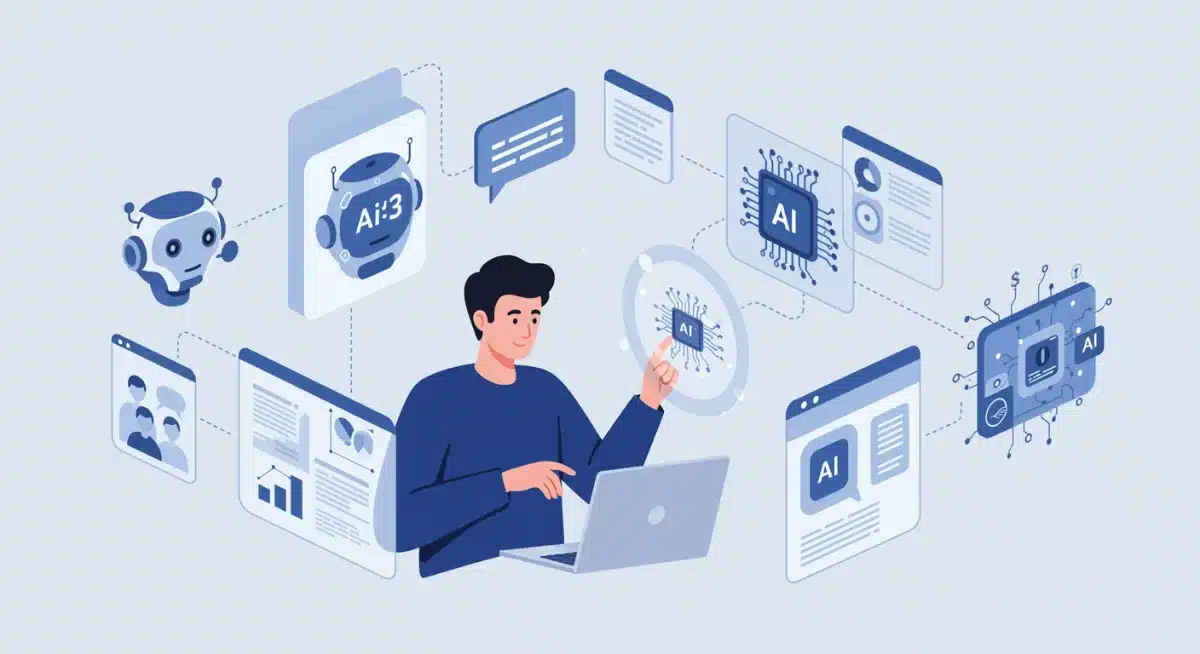 Profissional de marketing interagindo com ferramentas de IA para otimizar campanhas e atendimento ao cliente.
