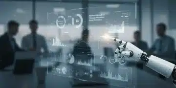 Painel digital futurista de automação de marketing com gráficos de desempenho financeiro e otimização de campanhas