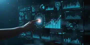 Painel de marketing digital futurista com ferramentas de IA e métricas de geração de leads.