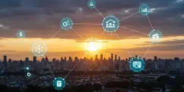 Rede de inovação aberta conectando empresas e startups no Brasil, com fluxo de dados e ícones de tecnologia, representando colaboração e crescimento.