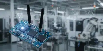 Sensor IIoT avançado em ambiente industrial, mostrando a integração tecnológica para otimização de processos.