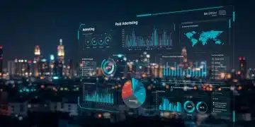 Painel de tendências de anúncios pagos para 2025 com gráficos de IA e privacidade