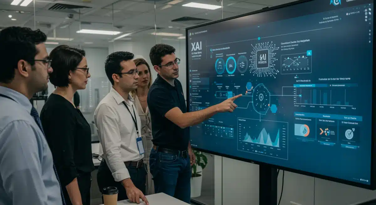 Profissionais analisando um dashboard de XAI, discutindo a interpretabilidade de decisões de IA em um ambiente corporativo no Brasil.