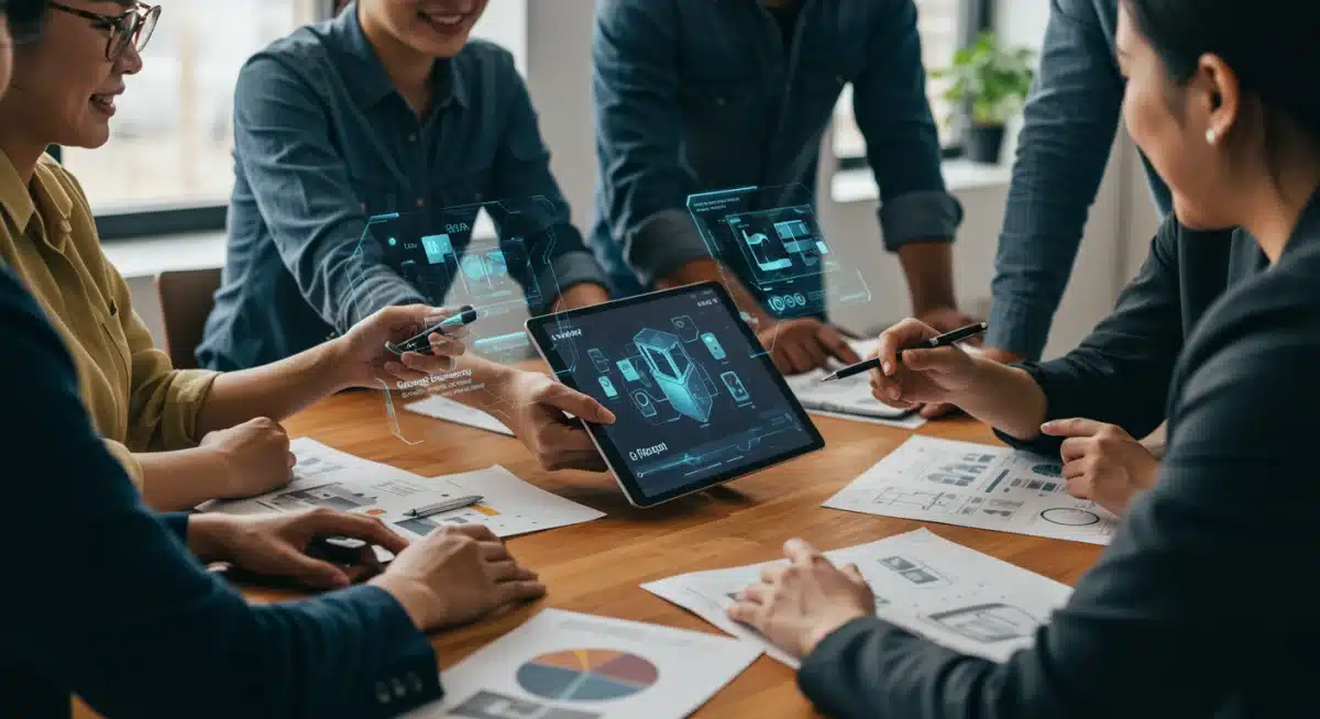 Equipe de profissionais colaborando em torno de uma mesa, com um tablet exibindo uma interface de IA generativa criando novos conceitos de produtos, simbolizando a colaboração humano-IA no desenvolvimento de produtos.