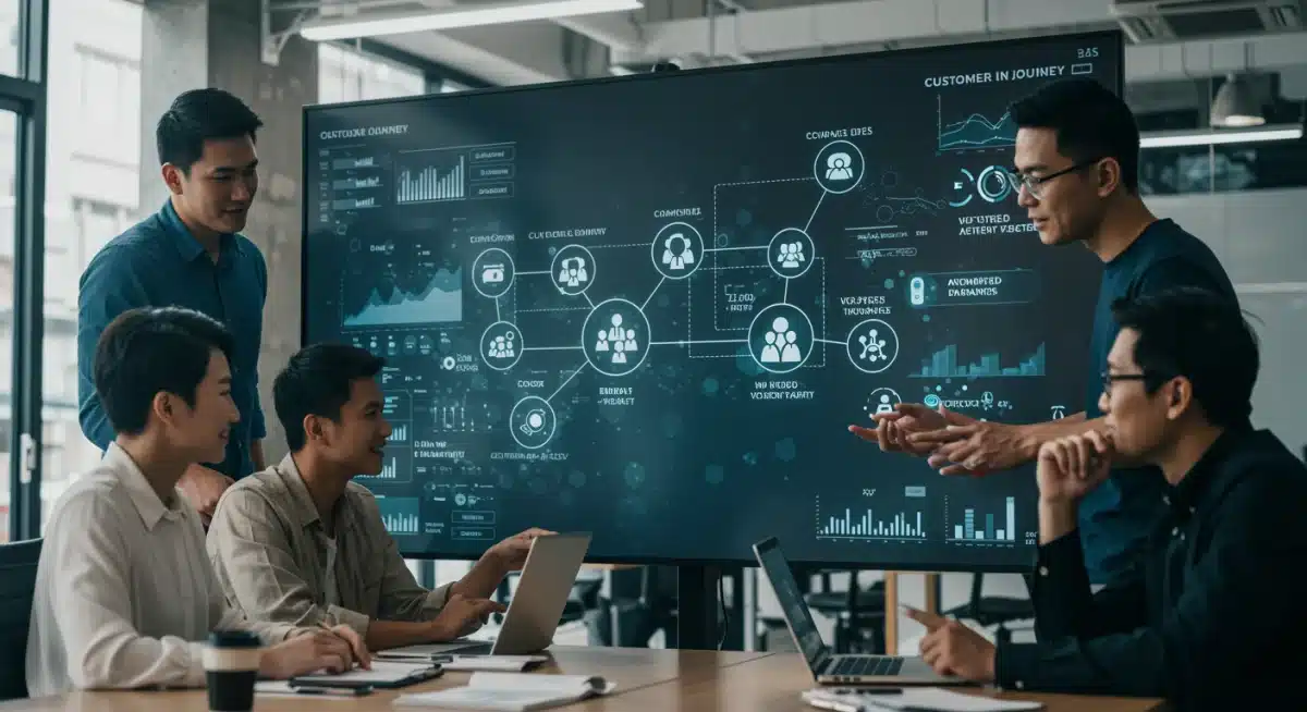 Equipe de marketing colaborando em mapa da jornada do cliente com automação.