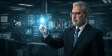 Líder de negócios brasileiro observando designs de produtos inovadores gerados por IA em uma projeção holográfica, simbolizando o avanço tecnológico e a inovação no mercado nacional.