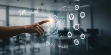 Painel de automação de marketing futurista com métricas e gráficos digitais.