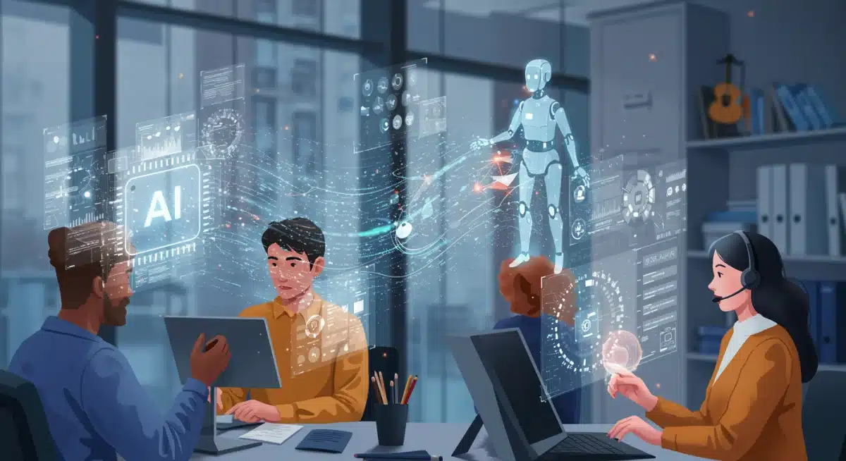 Equipe de negócios colaborando com ferramentas de inteligência artificial generativa, otimizando tarefas e aumentando a produtividade.