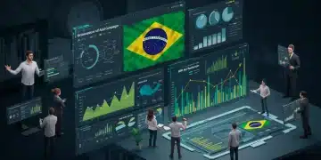 Painel de controle futurista de marketing digital com gráficos de otimização de campanhas e redução de custos no Brasil em 2026.