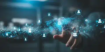 Redes digitais e fluxos de dados interconectados, simbolizando ecossistemas colaborativos e decisões baseadas em dados para PMEs.