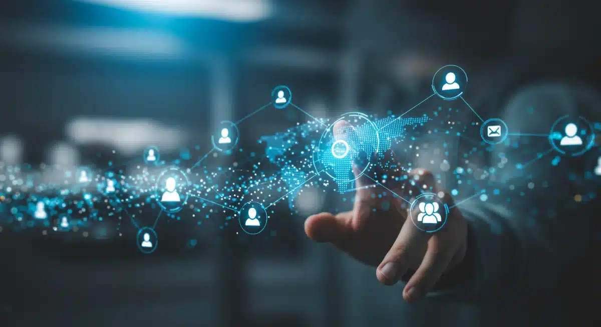 Redes digitais e fluxos de dados interconectados, simbolizando ecossistemas colaborativos e decisões baseadas em dados para PMEs.